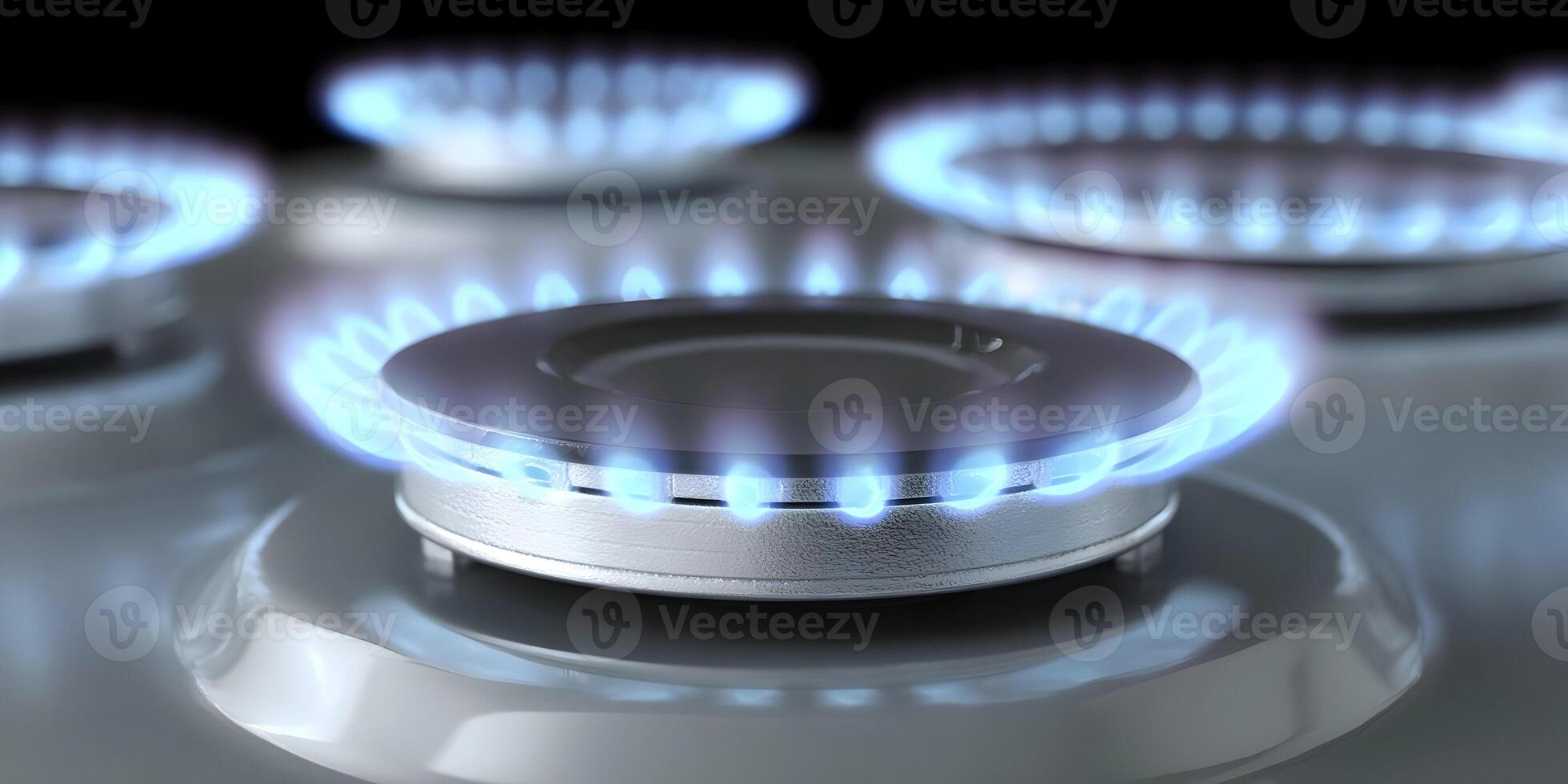 Closeup Gas Stovetop Burner Ignited Blue Flames Kitchen Cooking Appliance photo