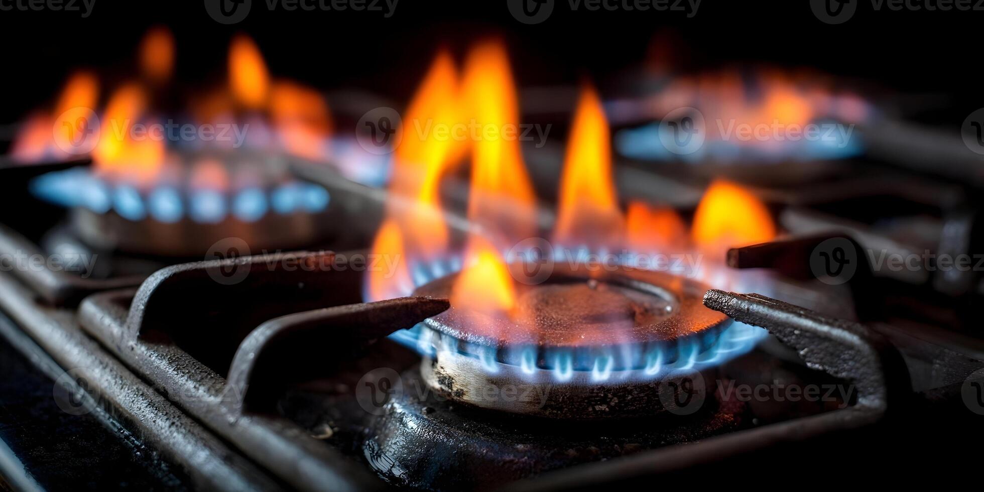 Closeup Gas Stovetop Burners Flames Cooking Kitchen photo