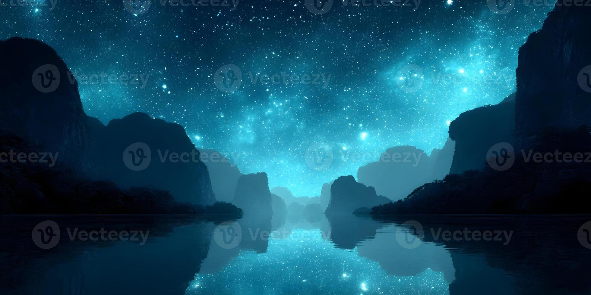 Night Sky over Calm Lake Surrounded by Mountains Starry Sky Reflection Peaceful Nature Scene photo