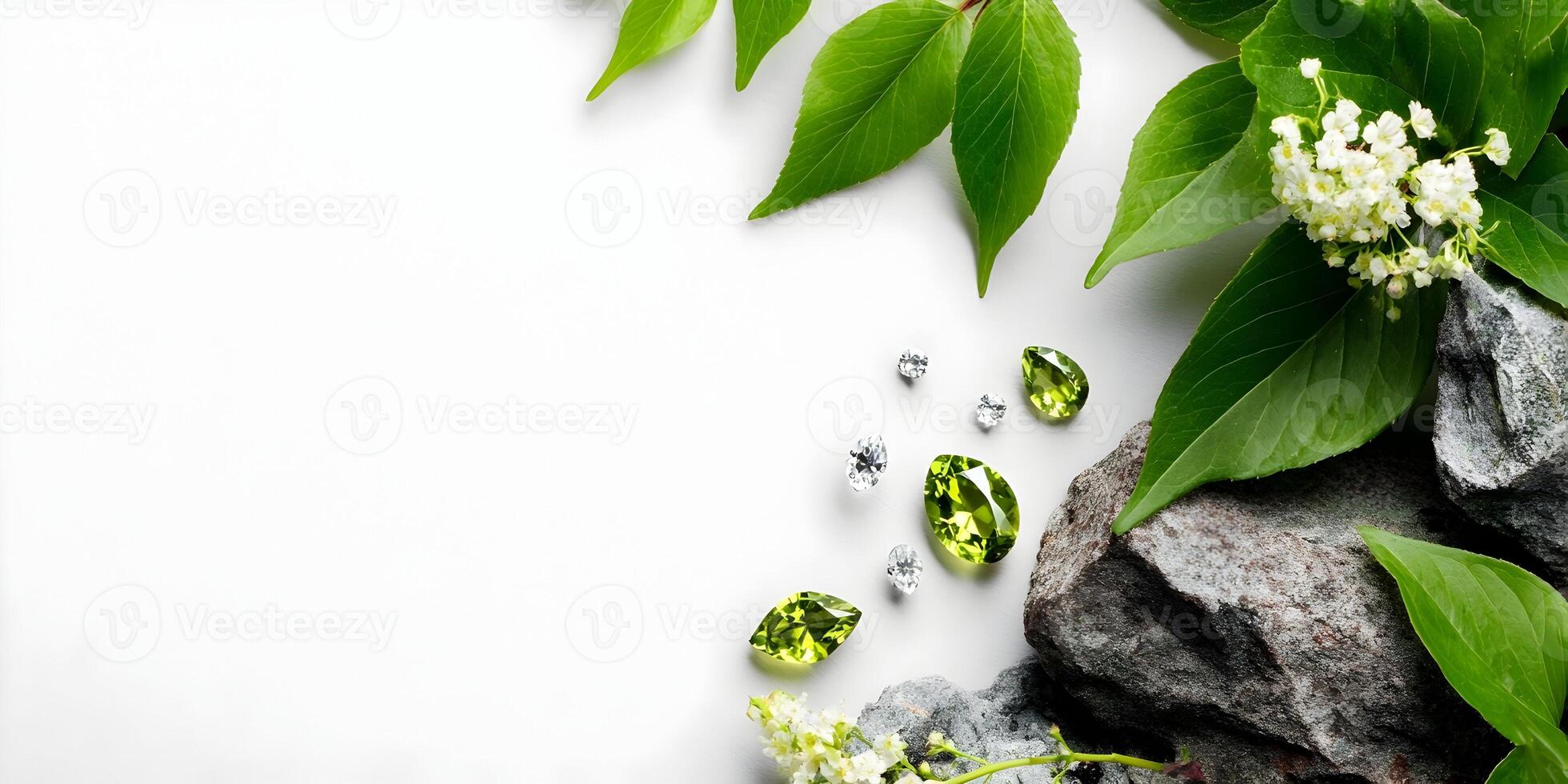 Green Peridot and Diamond Gemstones on Rocks with Green Leaves and Flowers photo
