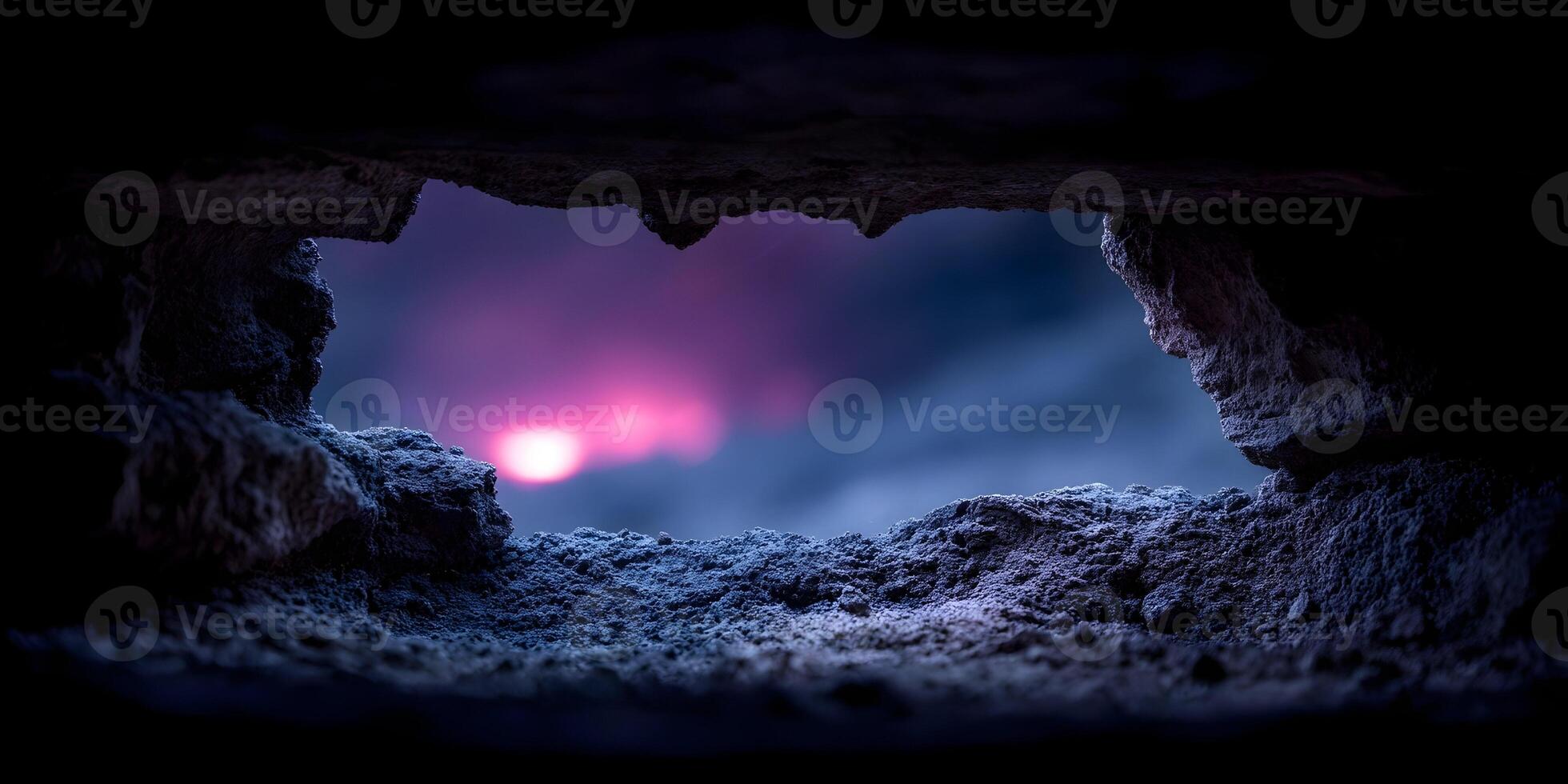 Pink Sunset View Through Broken Wall Hole photo