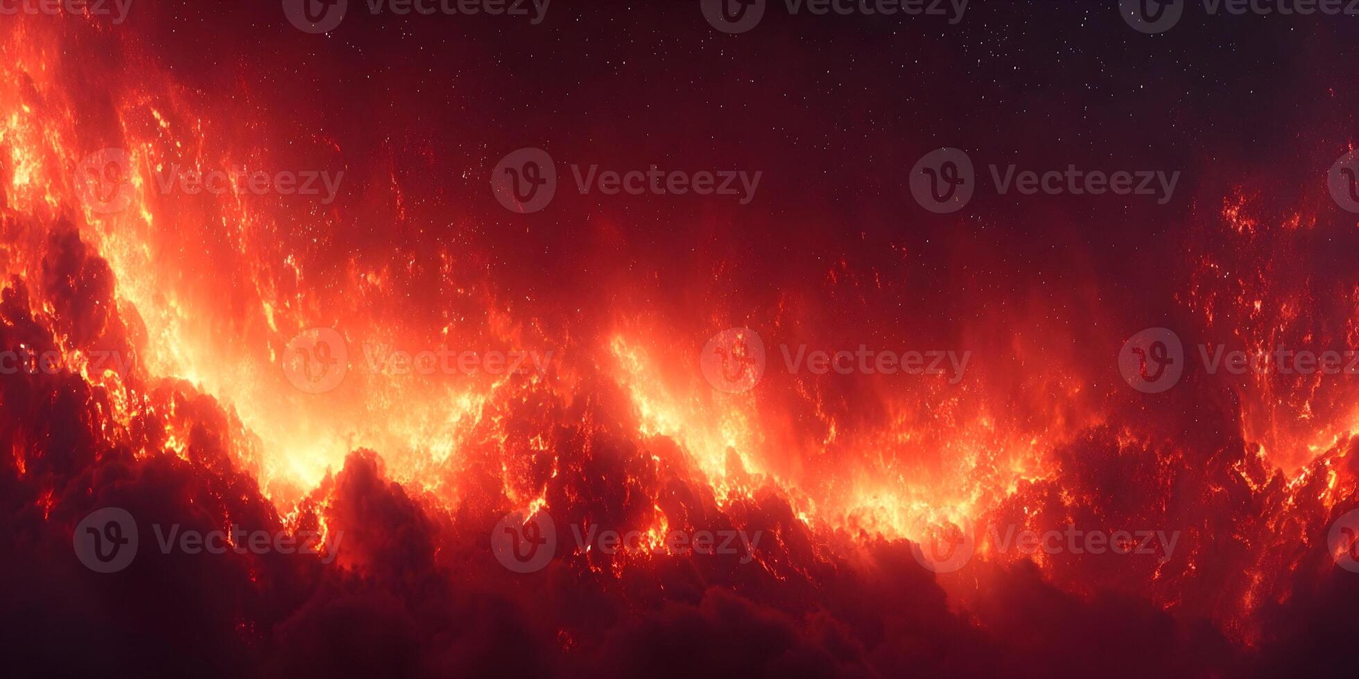 Fiery Volcanic Eruption Night Sky Lava Flow Inferno Red Orange photo