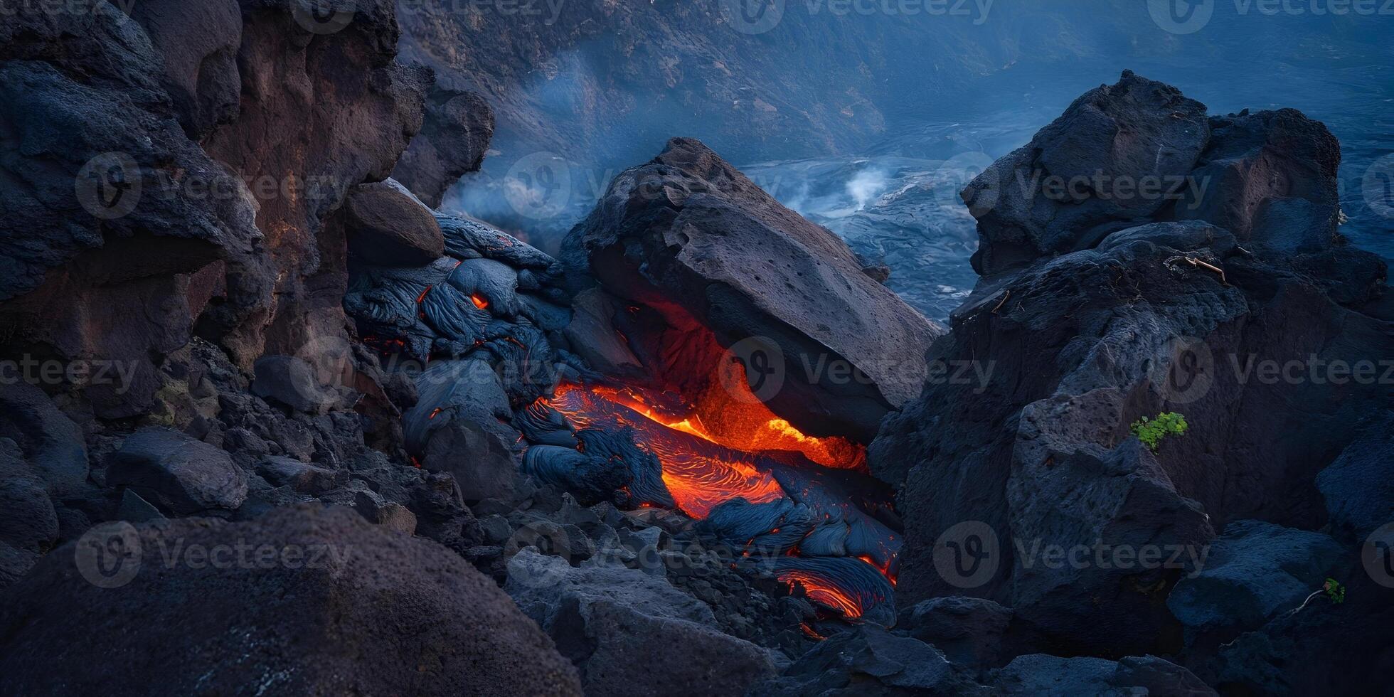 Volcanic Lava Flowing Through Dark Rocks Orange Hot Magma photo