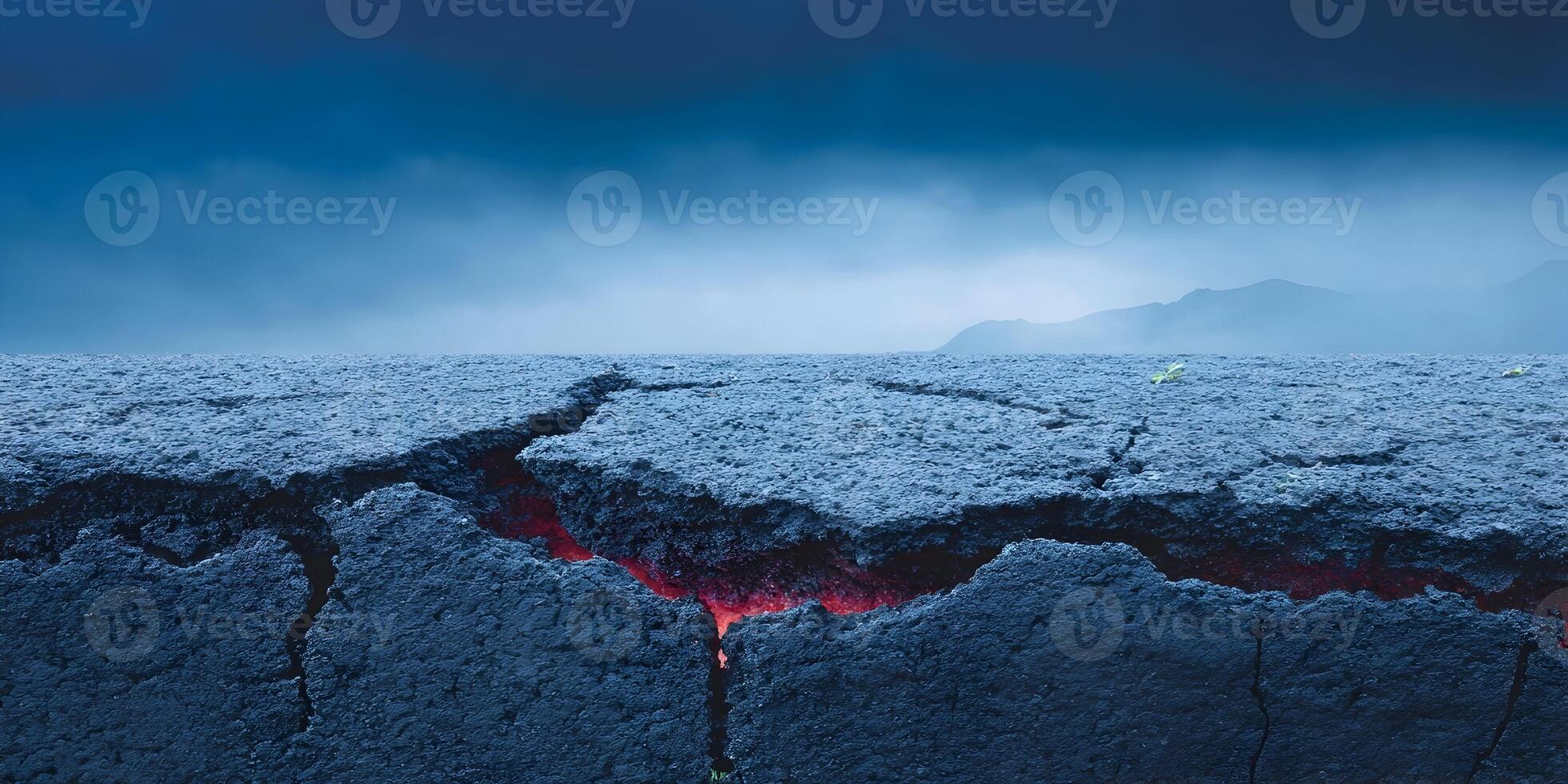 Cracked Earth Surface with Lava Glowing Blue Sky Background photo