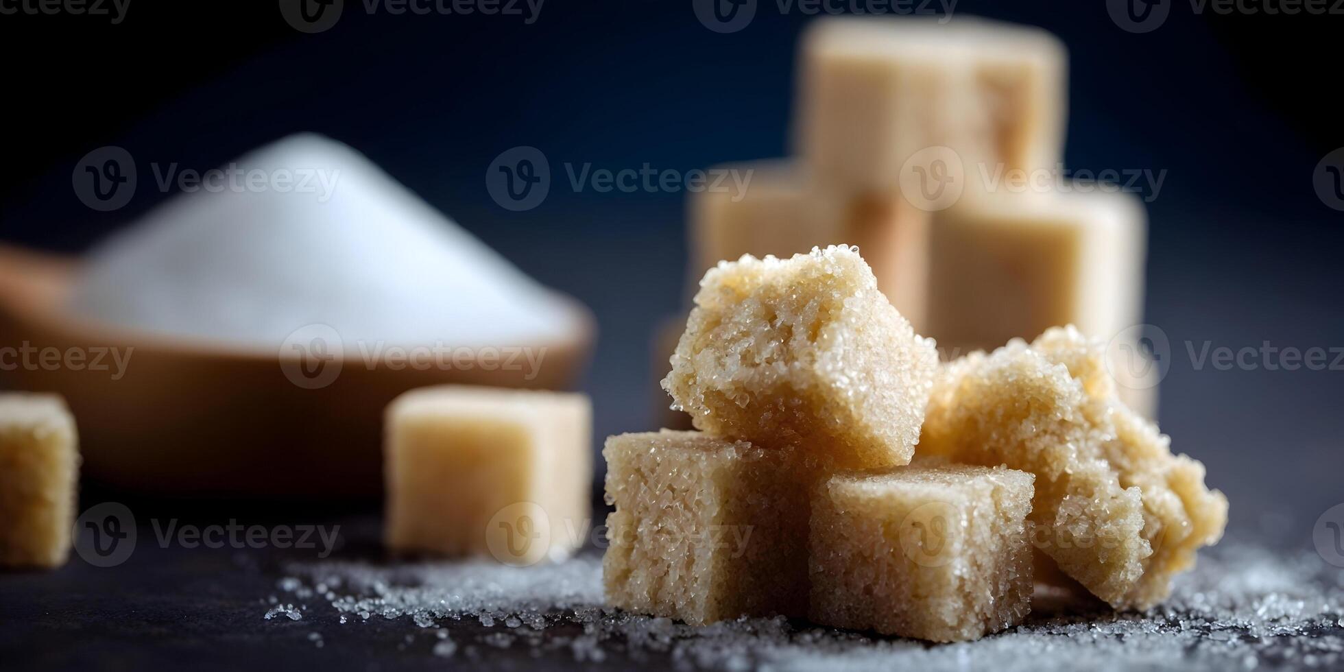 Brown Sugar Cubes and White Sugar Granules on Dark Background Sweet Food Photography photo
