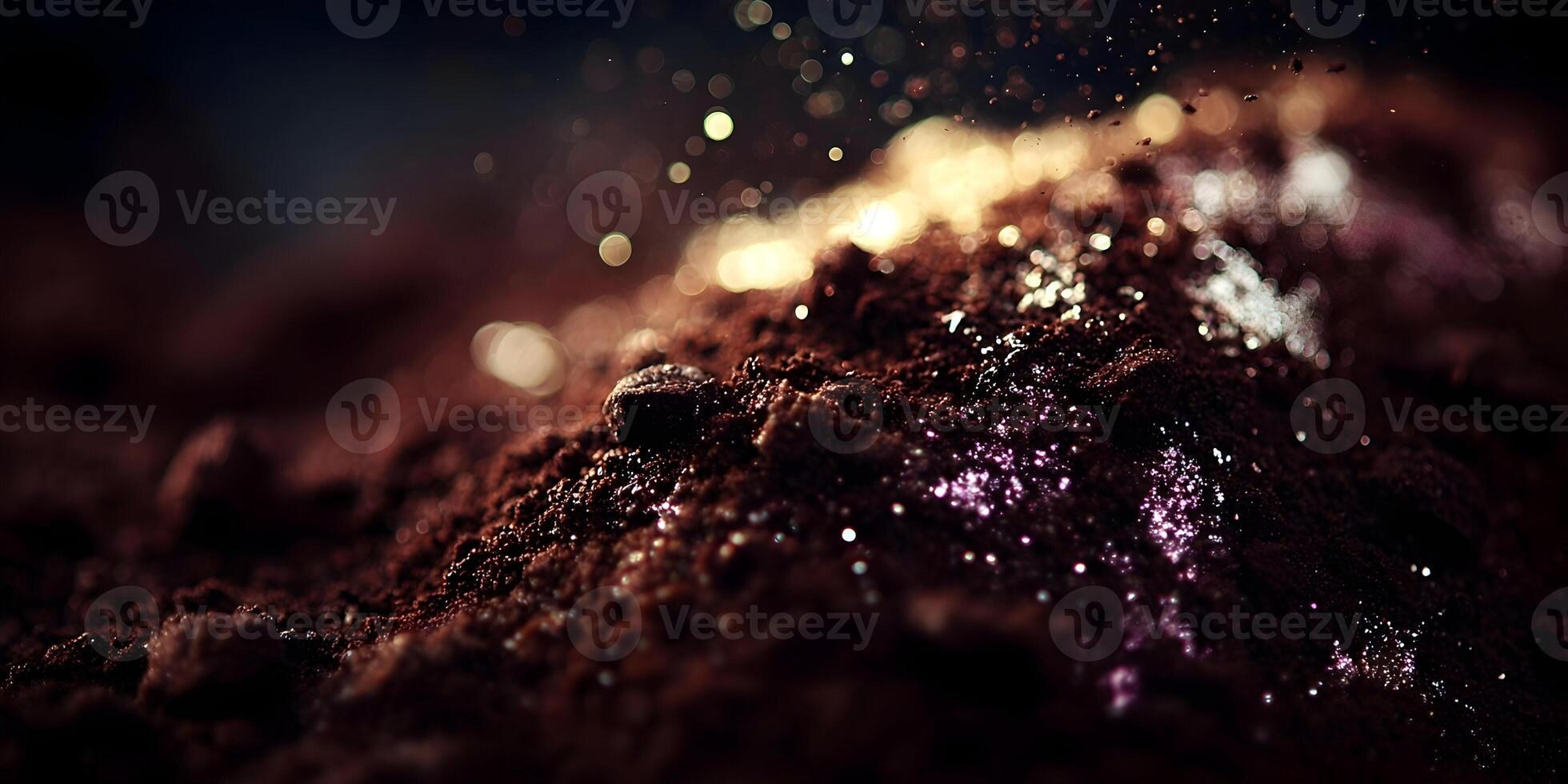 Dark Brown Coffee Grounds Texture with Golden and Purple Glitter Sparkling Dust photo
