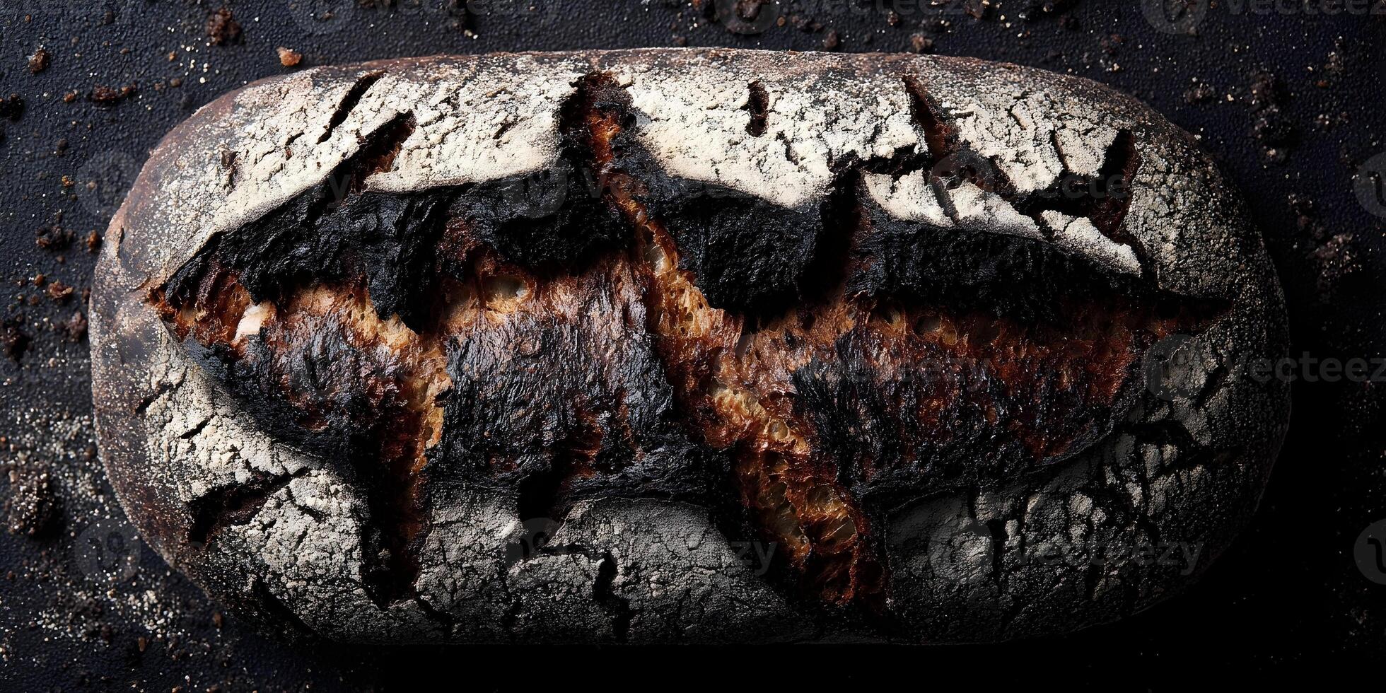 Artisan Crusty Bread Loaf Dark Brown Black Charred Top View Food Photography photo