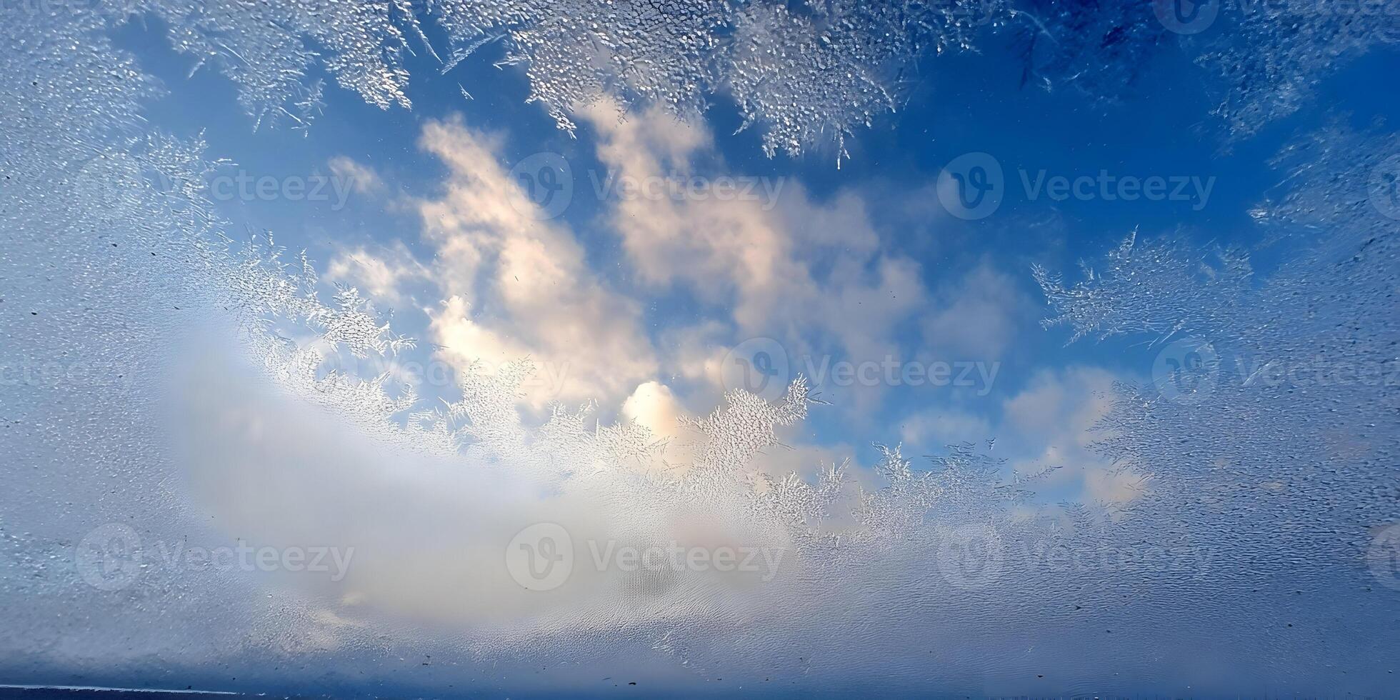 Frosty Window Pane Winter Sky Scene Ice Crystals photo
