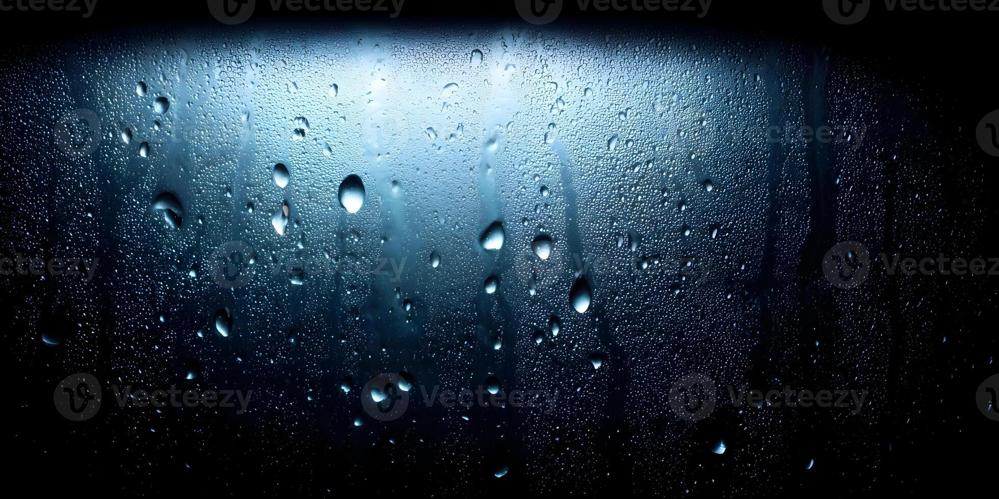 Dark Blue Window Glass with Water Droplets Condensation Rain Drops Texture Background photo
