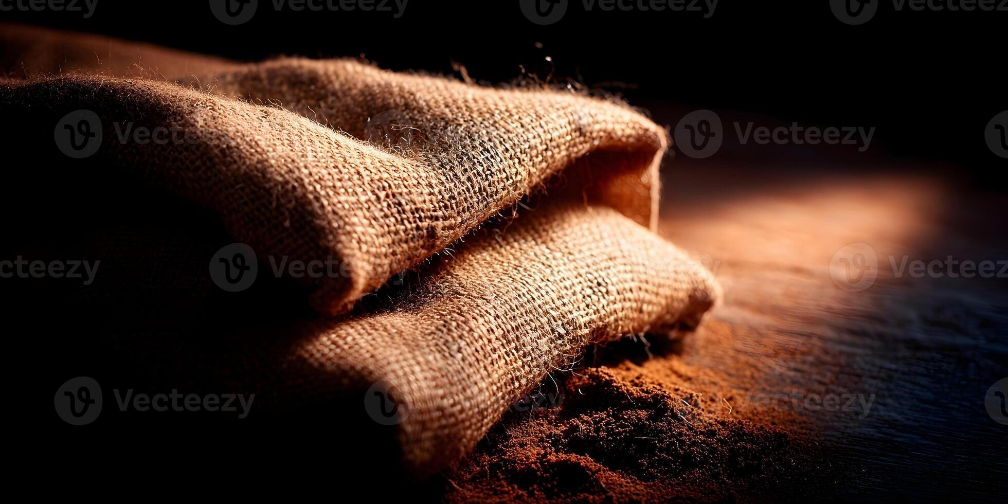 Brown Burlap Sacks Cocoa Powder Ground Coffee Beans Dark Background photo