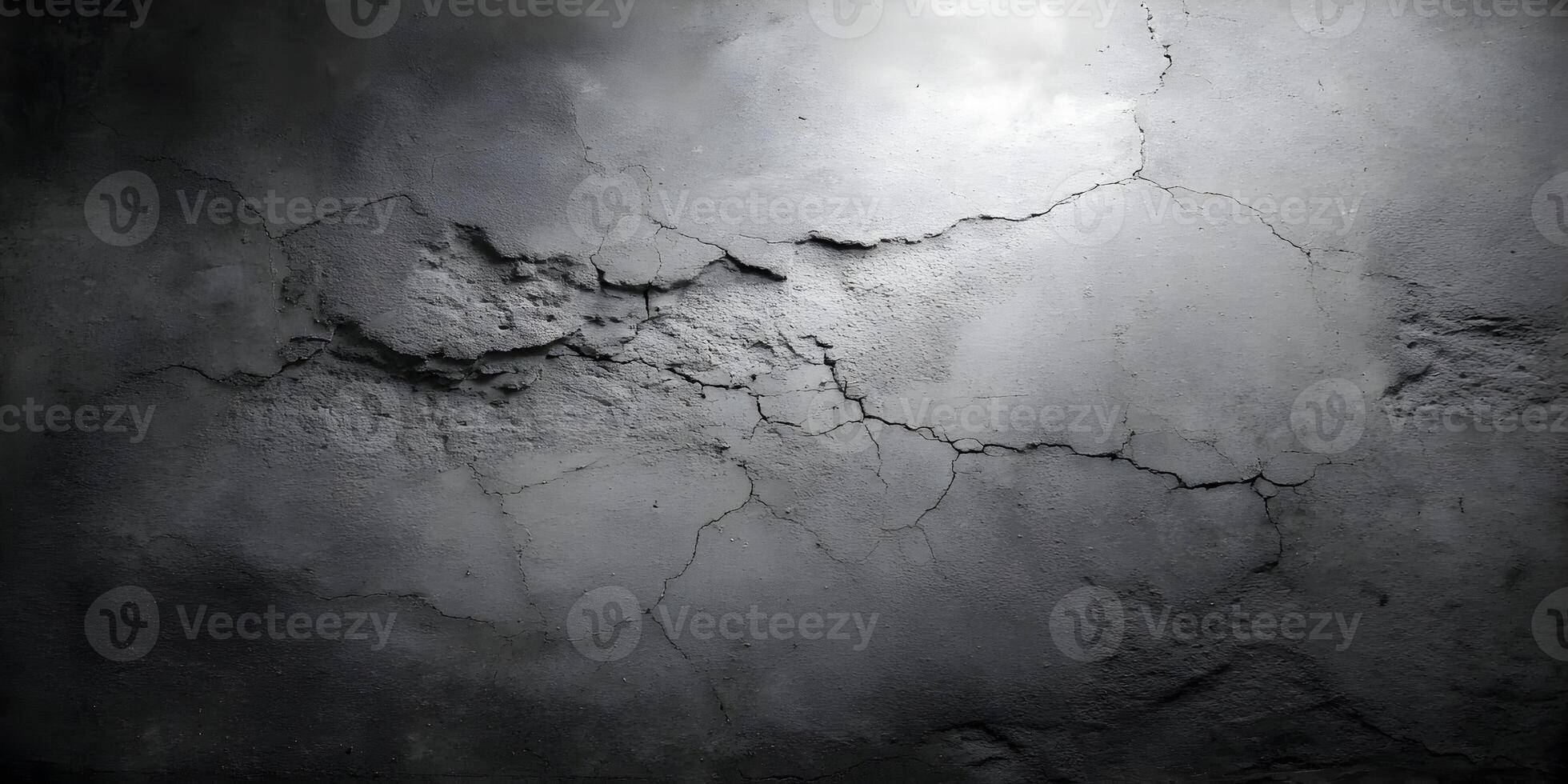 Dark Cracked Plaster Wall Texture Background Gray Concrete Grunge Damaged Surface photo