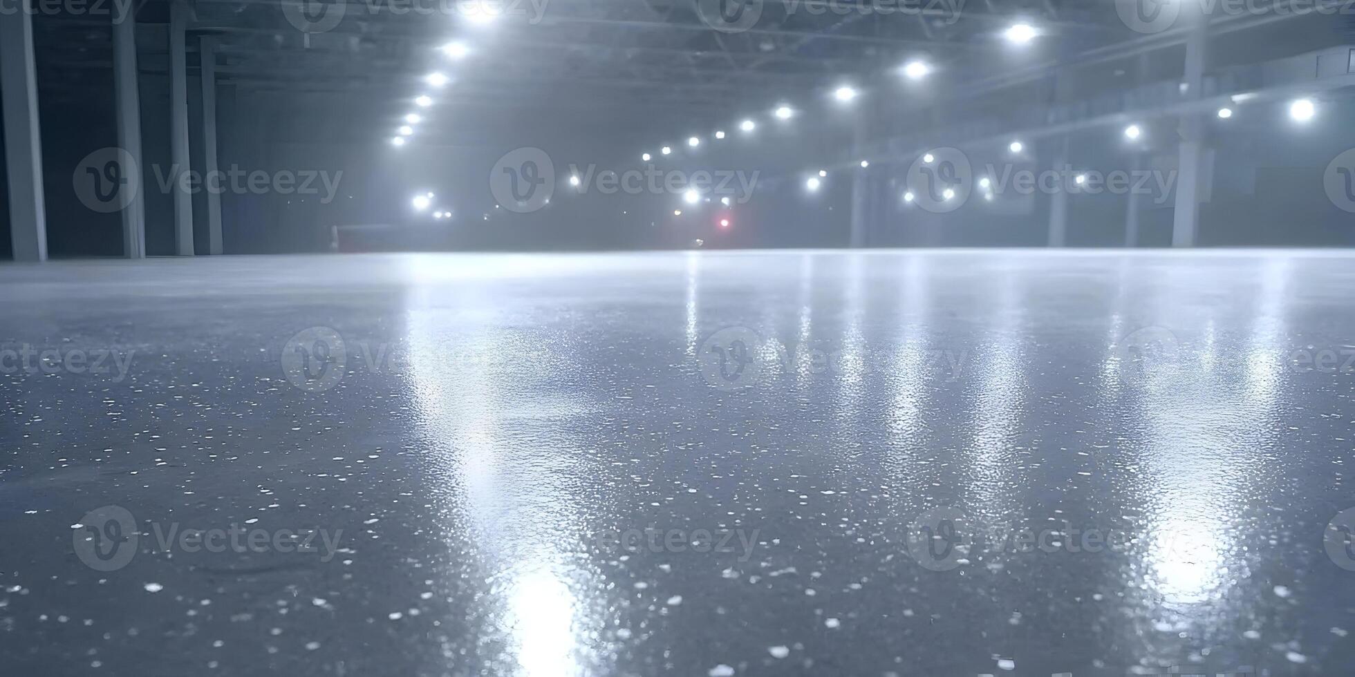Reflective Polished Concrete Floor Large Empty Industrial Warehouse Space Interior Bright Lights photo