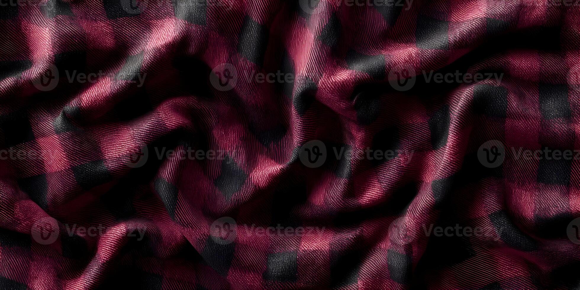 Burgundy Black Plaid Fabric Texture Closeup Detailed Crumpled Textile Background photo