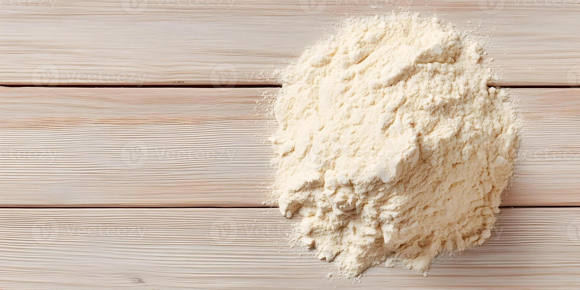 Pile of Light Beige Flour on Wooden Surface Baking Ingredient Food Photography photo