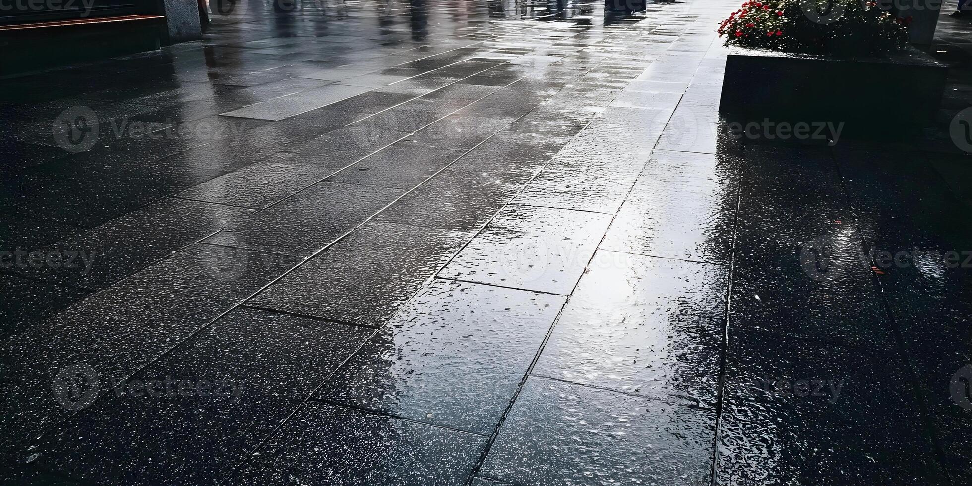 Wet Dark Stone Pavement City Street Rain Reflections photo