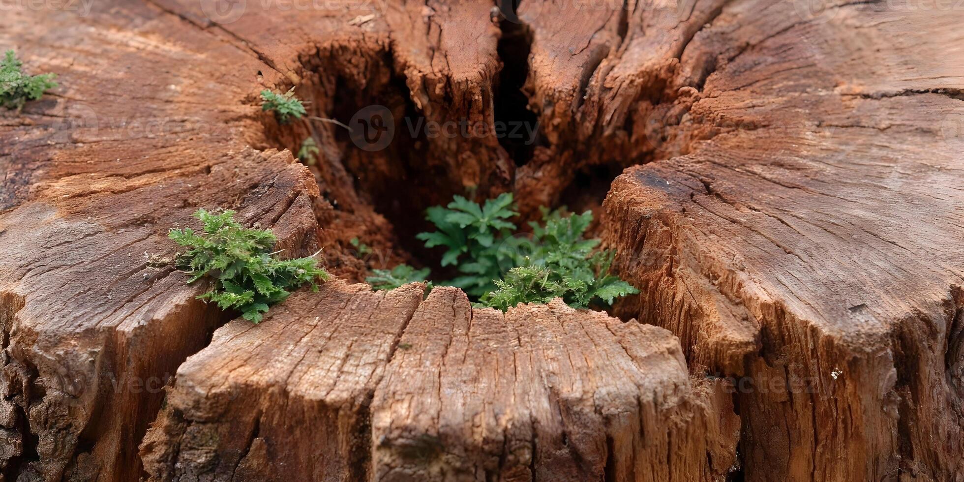 Tree Stump with Small Plants Growing Inside Detailed Texture photo