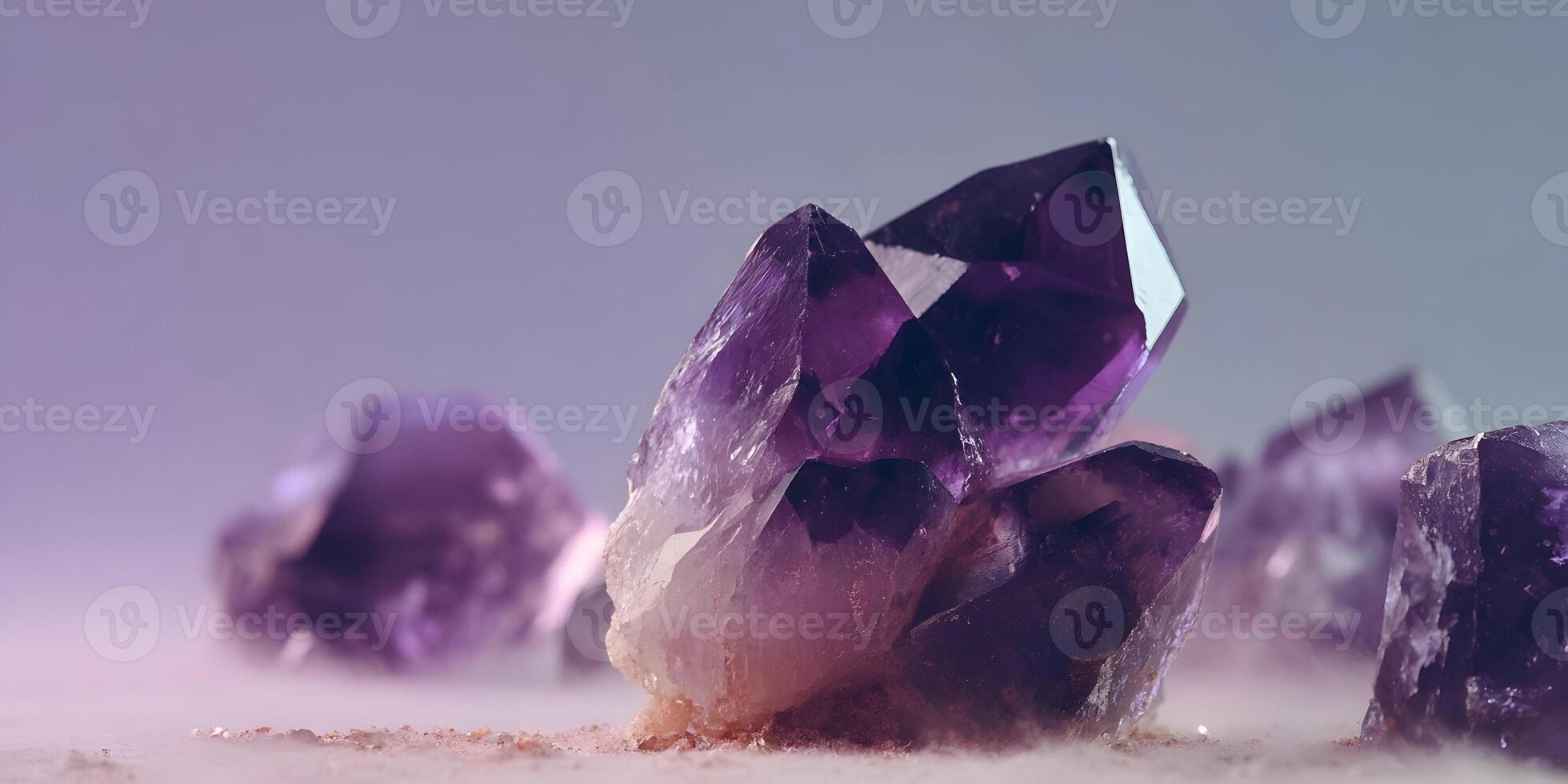 Amethyst Crystal Cluster on Dusty Surface Purple Gemstones Group Closeup Macro Shot photo