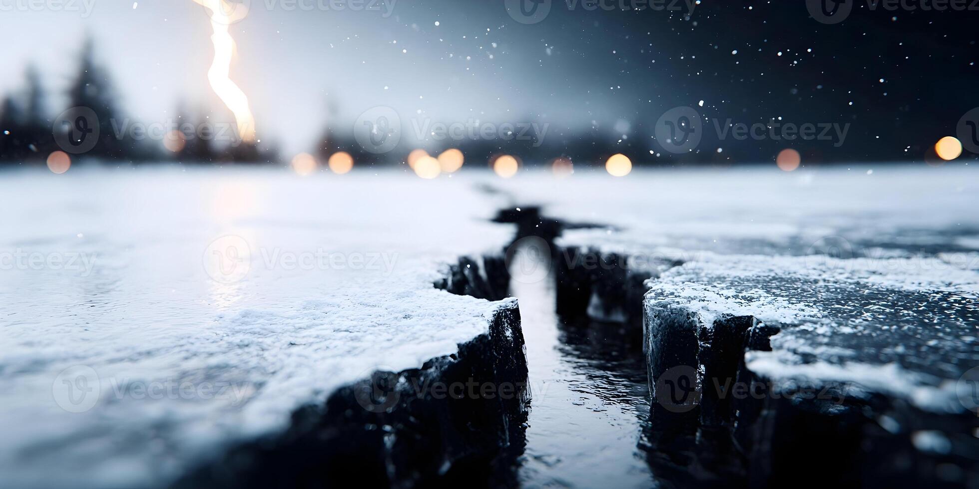 Snow Covered Ice Crack Frozen Lake Winter Night Lightning Storm photo