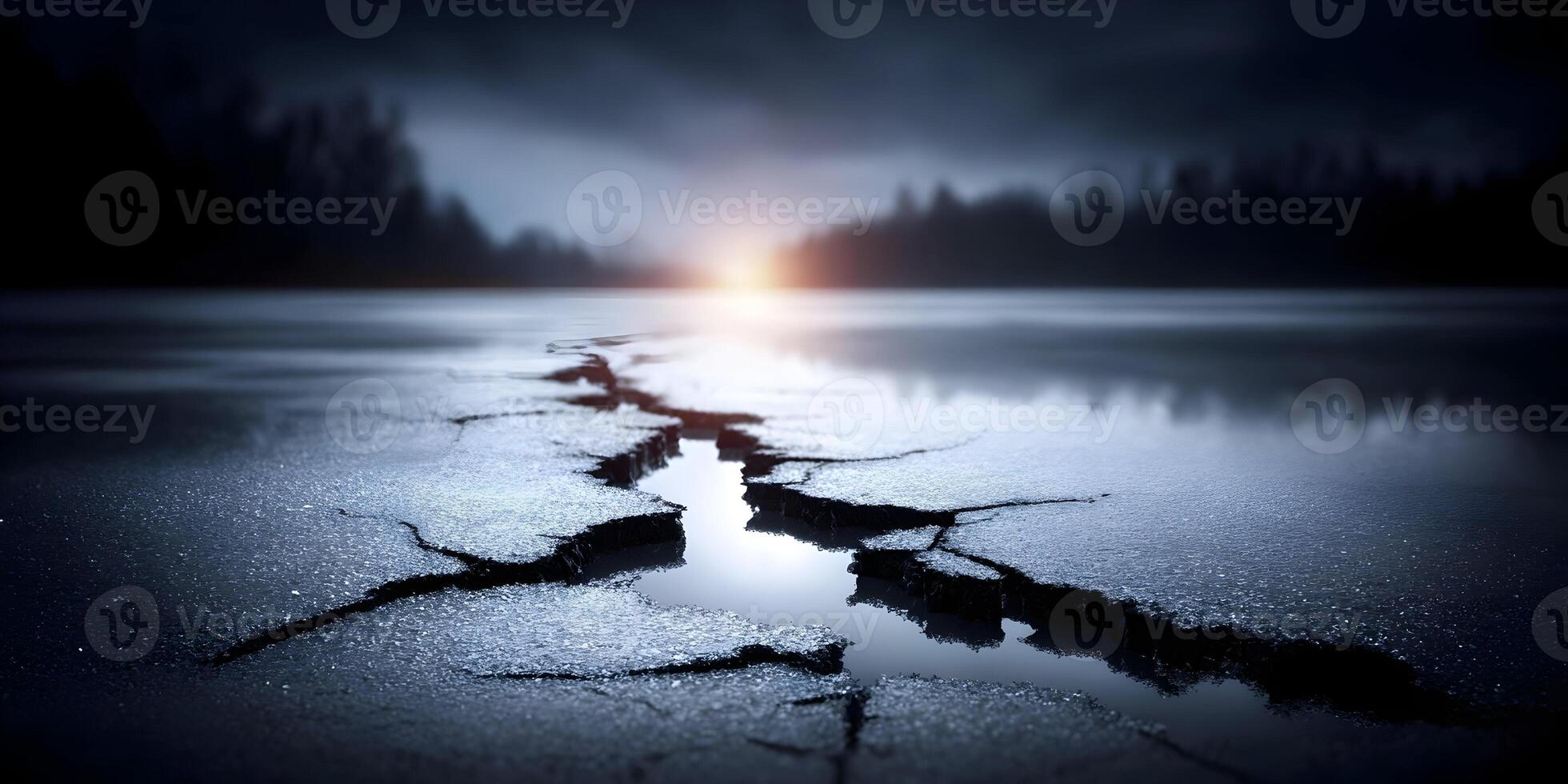 Cracked Asphalt Road Surface at Sunset Dark Forest Background photo