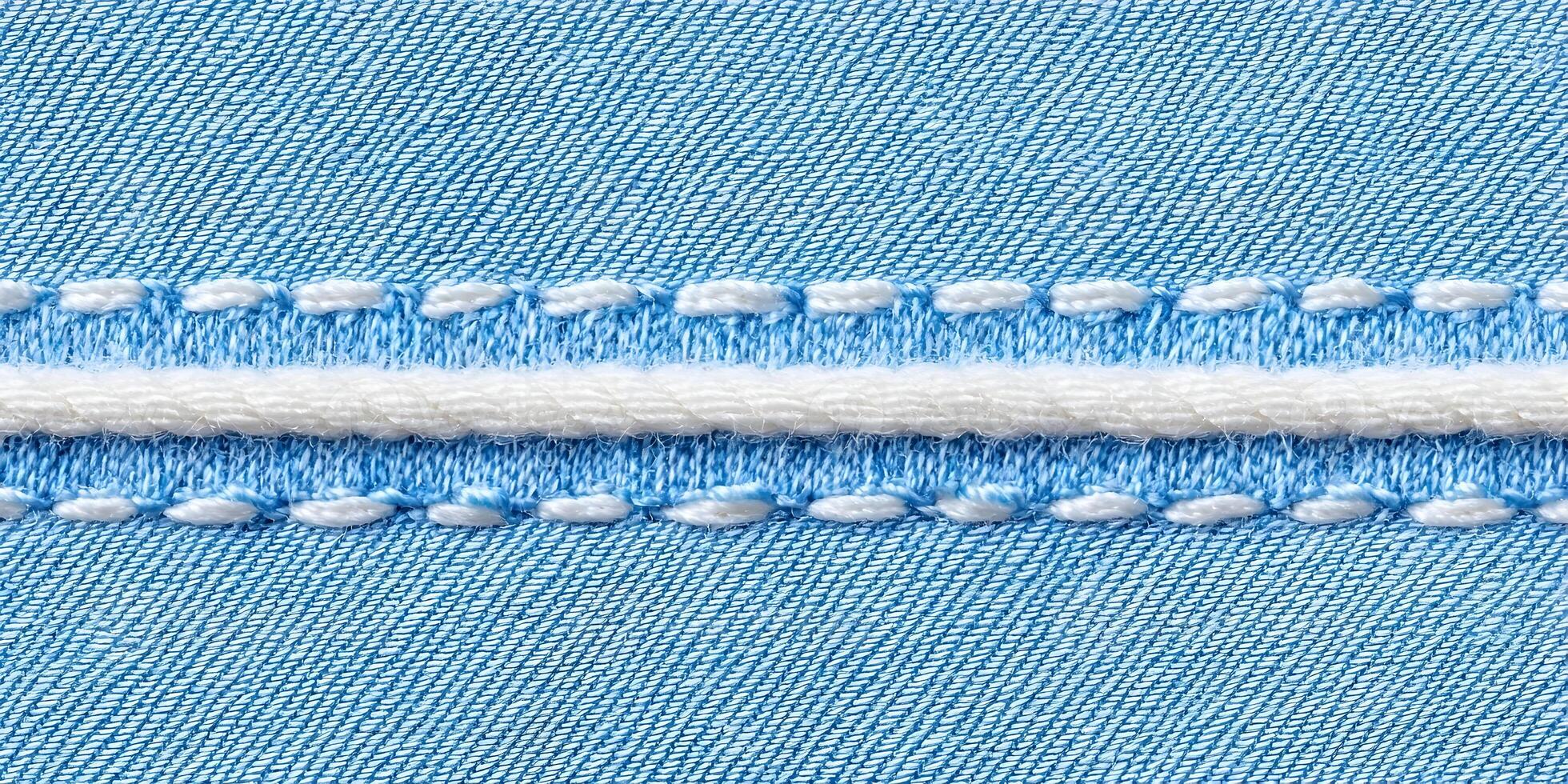Blue Denim Fabric Texture with White Stitching and Cord photo