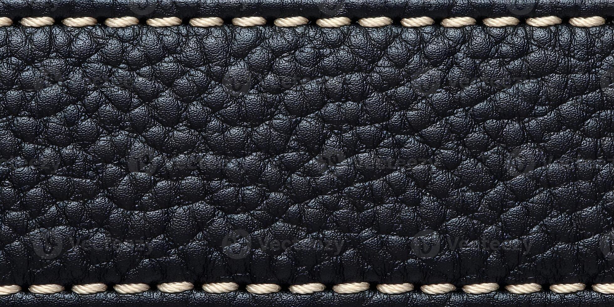 Black Leather Texture with Beige Stitching Detail Closeup Seamless Pattern photo