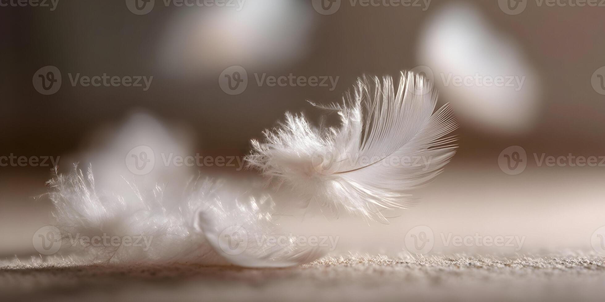 White Feathers Floating Soft Downy Light Brown Background photo