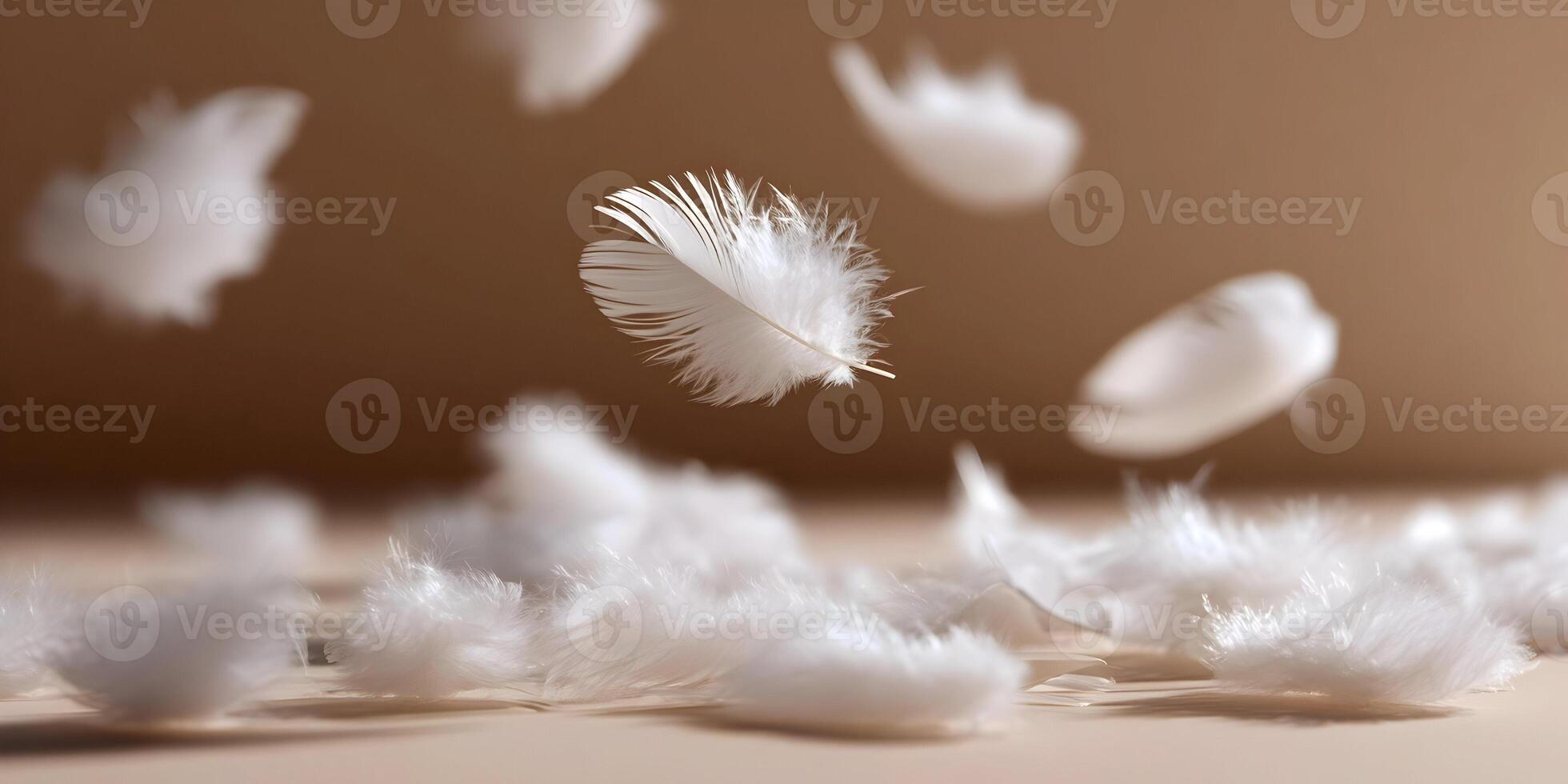 White Feathers Falling Soft Light Brown Background Airy Gentle Dreamy photo