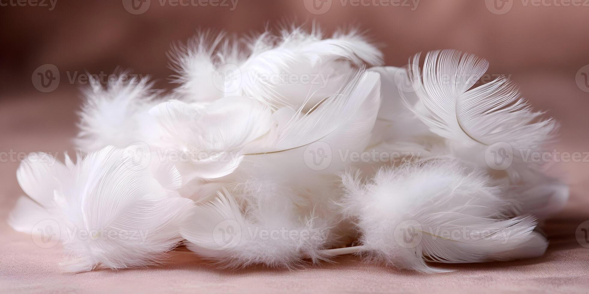 Soft White Feathers Pile Light Brown Background Fluffy Downy Texture photo