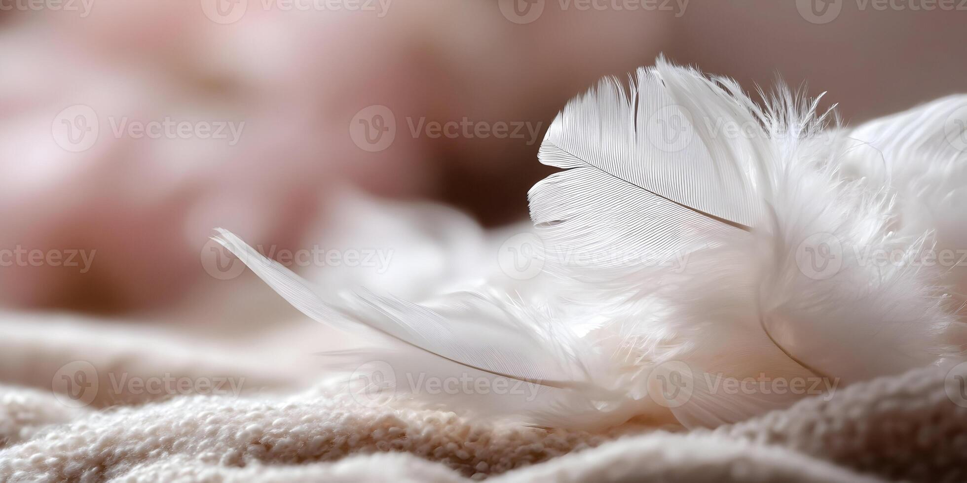 Soft White Feathers on Beige Knit Fabric Closeup Photography photo