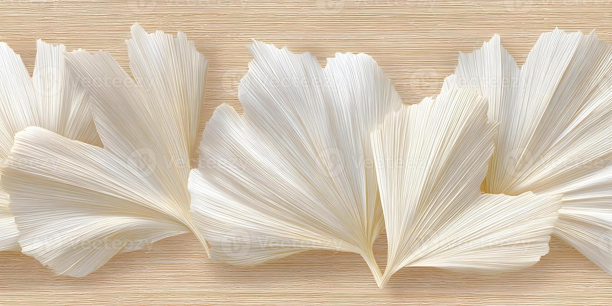 Cream Ginkgo Biloba Leaves on Beige Wood Background photo