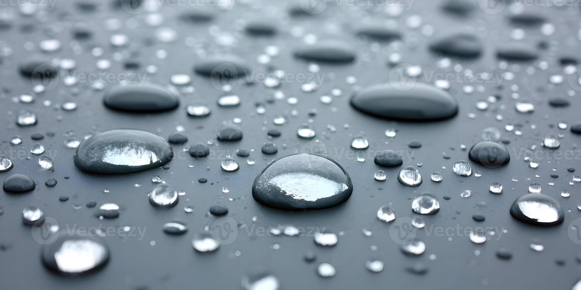 Closeup Water Droplets on Dark Gray Surface Many Sizes photo