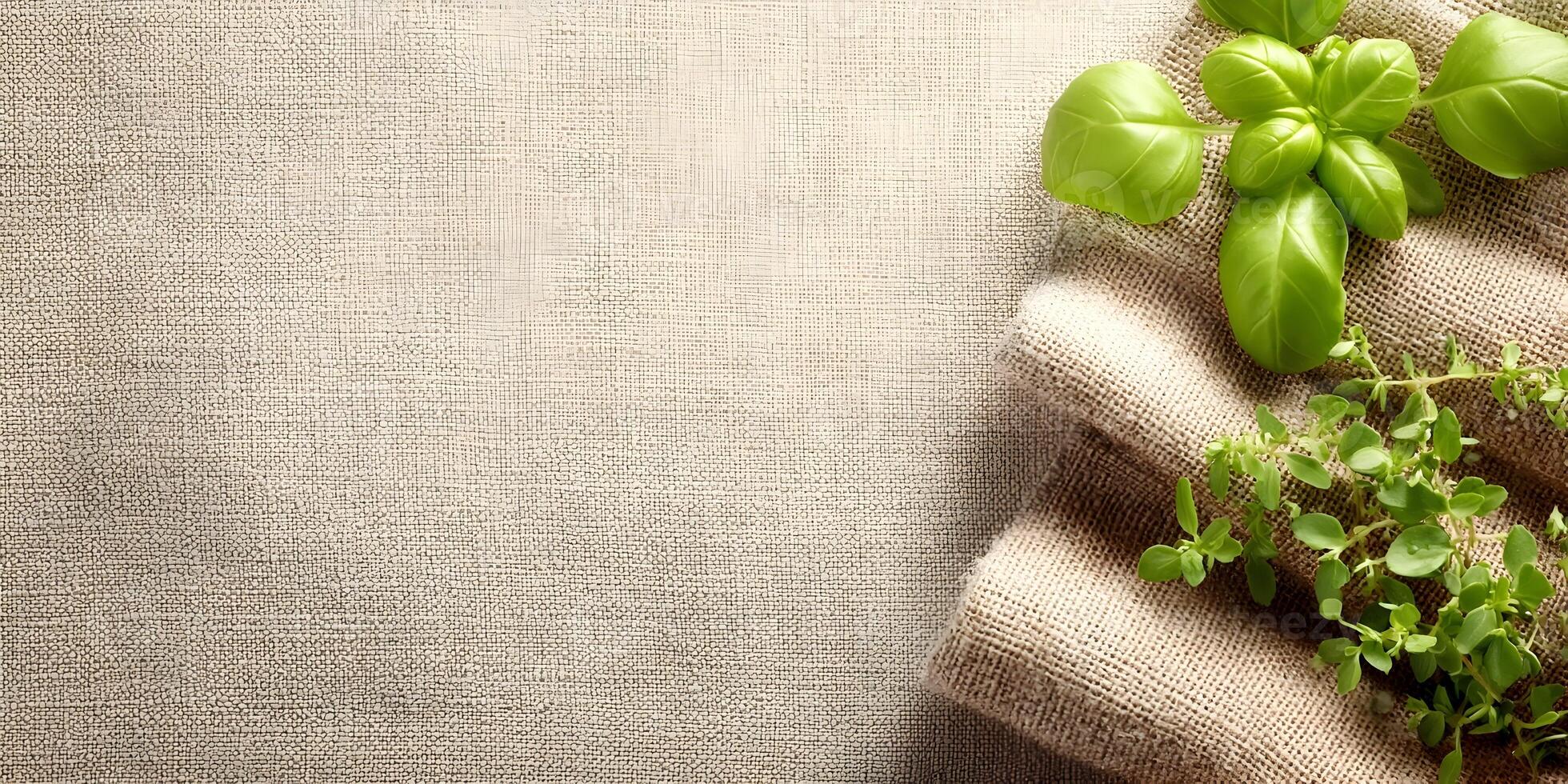Fresh Basil and Oregano Herbs on Burlap Fabric Background photo