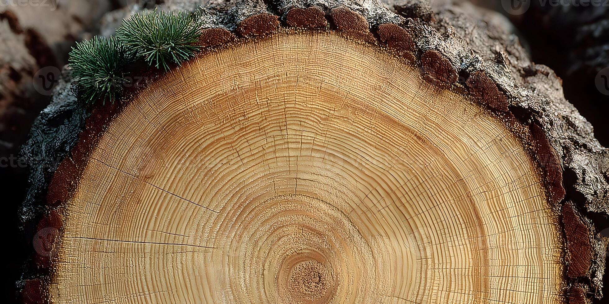 Tree Cross Section with Growth Rings and Pine Sprigs photo