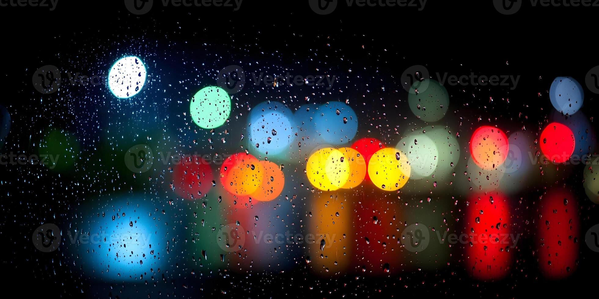 Rainy Night City Lights Bokeh Raindrops on Glass Colorful Blurred Background photo