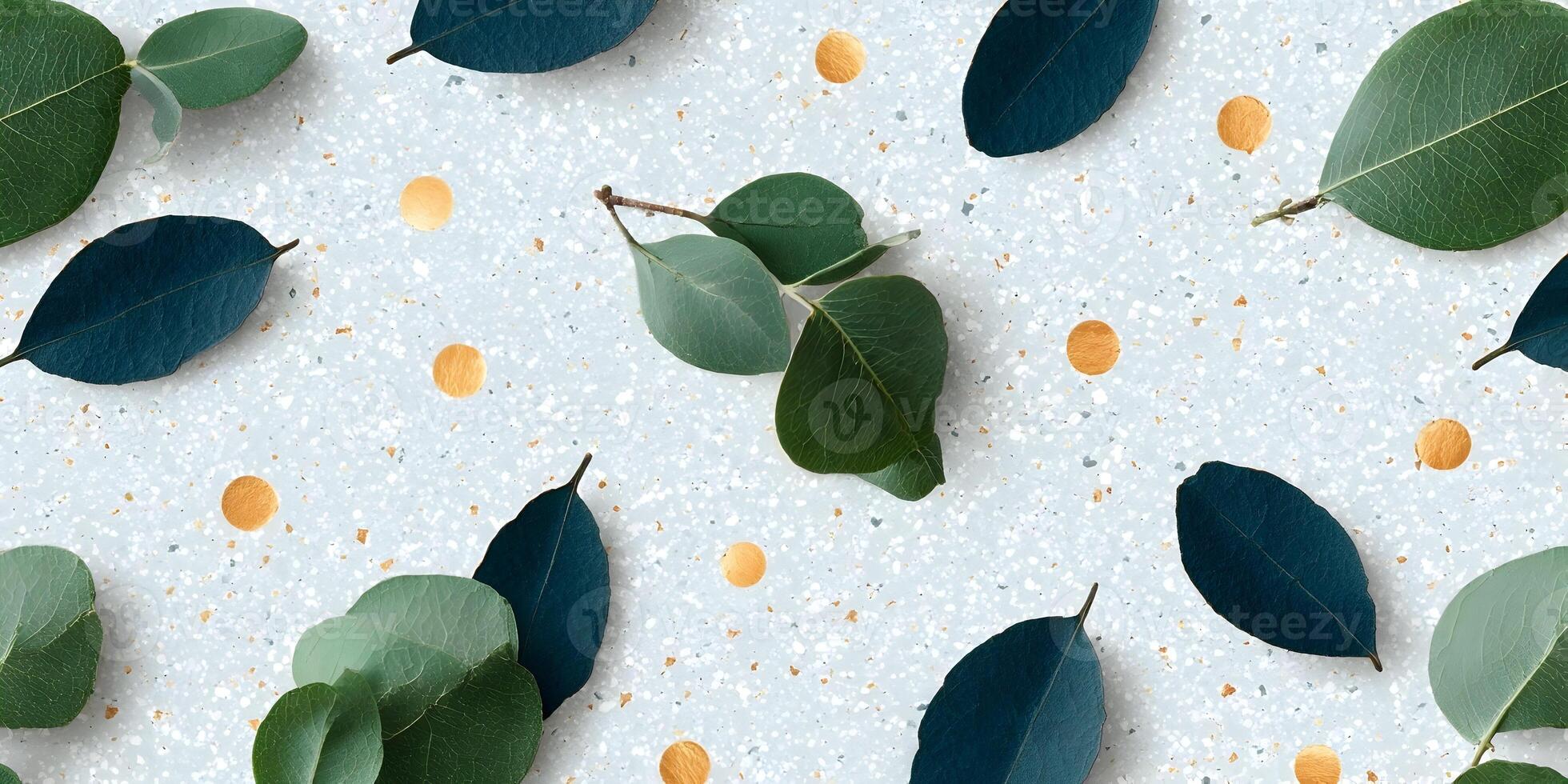 Seamless Pattern Green Eucalyptus Leaves Gold Dots Terrazzo Background photo