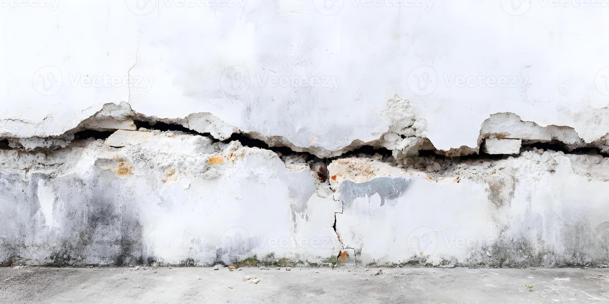 Severe Crack in Old White Plaster Wall Building Exterior Damage photo