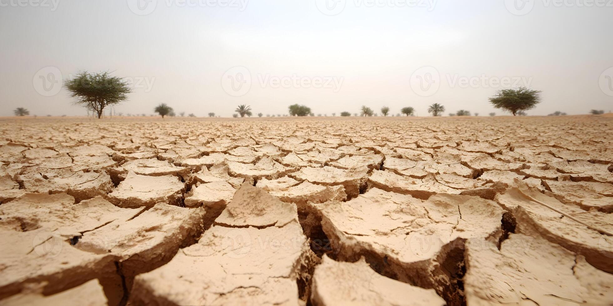 Dry Cracked Earth Desert Landscape with Trees in Background photo