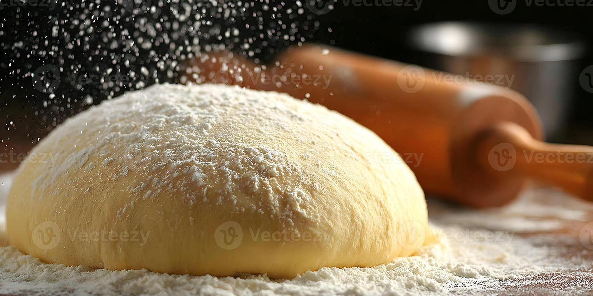 Closeup of Dough Ball Covered in Flour with Rolling Pin in Background photo