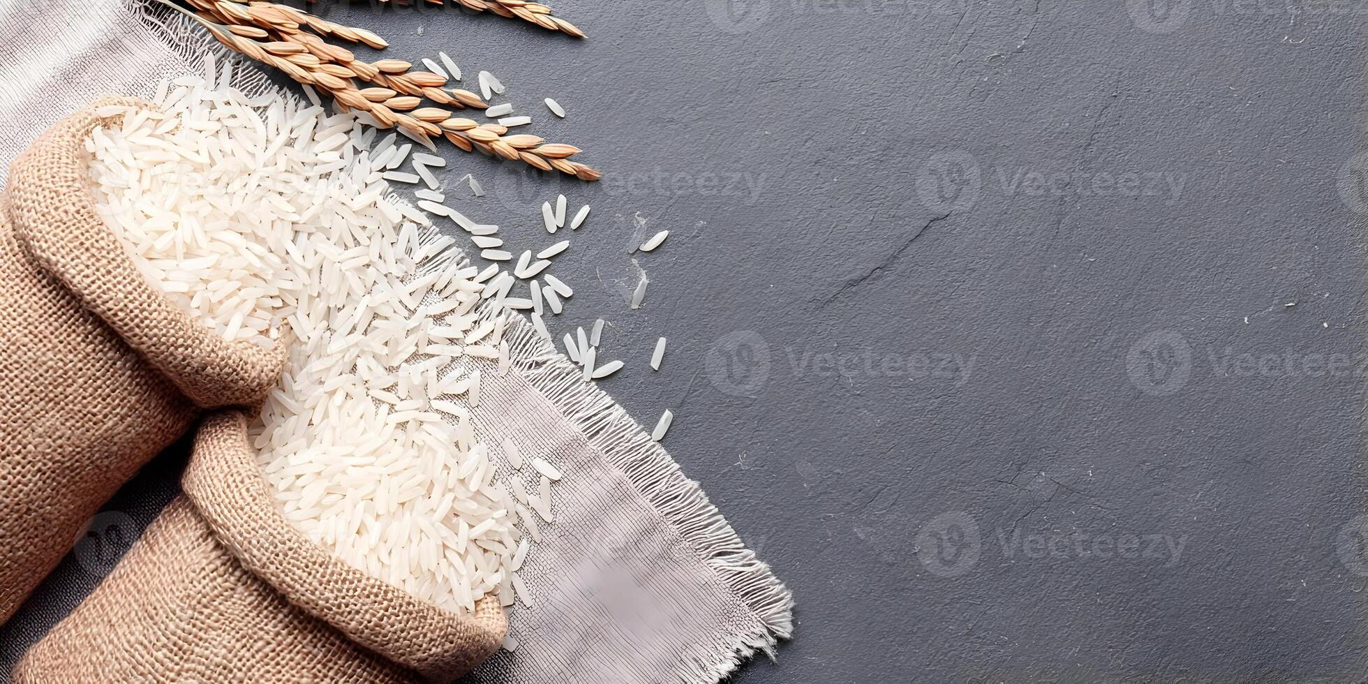 White Rice in Burlap Sacks on Gray Surface with Rice Plants photo