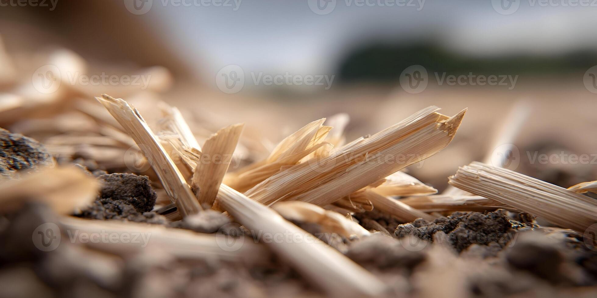 Closeup of Broken Light Brown Plant Stalks on Dark Soil photo