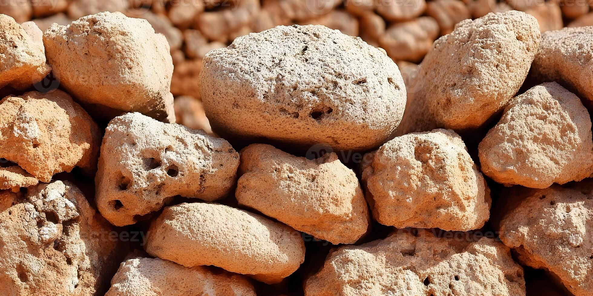 Closeup of Stacked Porous Light Brown Rocks photo