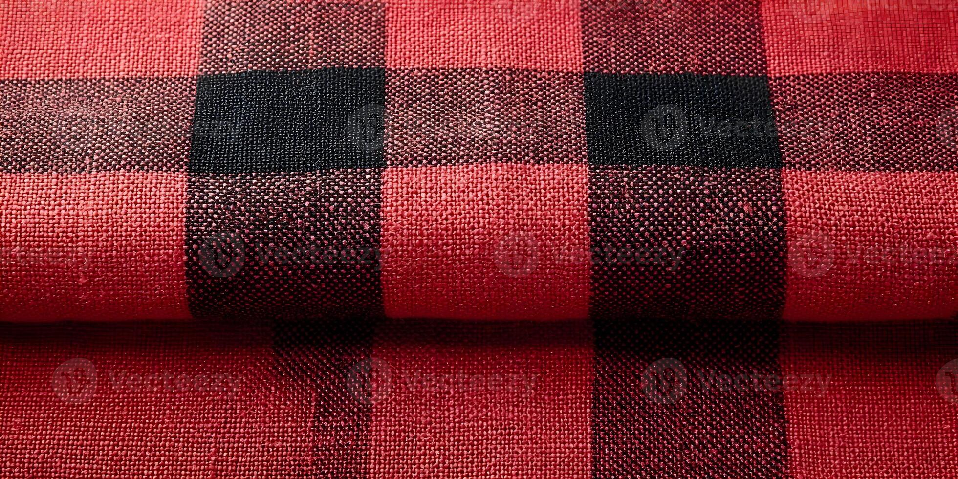 Red Black Buffalo Plaid Fabric Texture Close Up Detailed Linen Textile Background photo