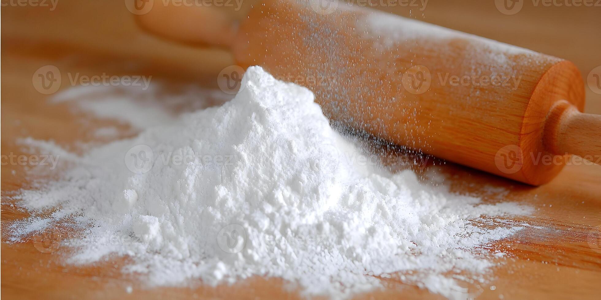 Wooden Rolling Pin and Pile of White Flour on Wooden Surface Baking Cooking Ingredients photo