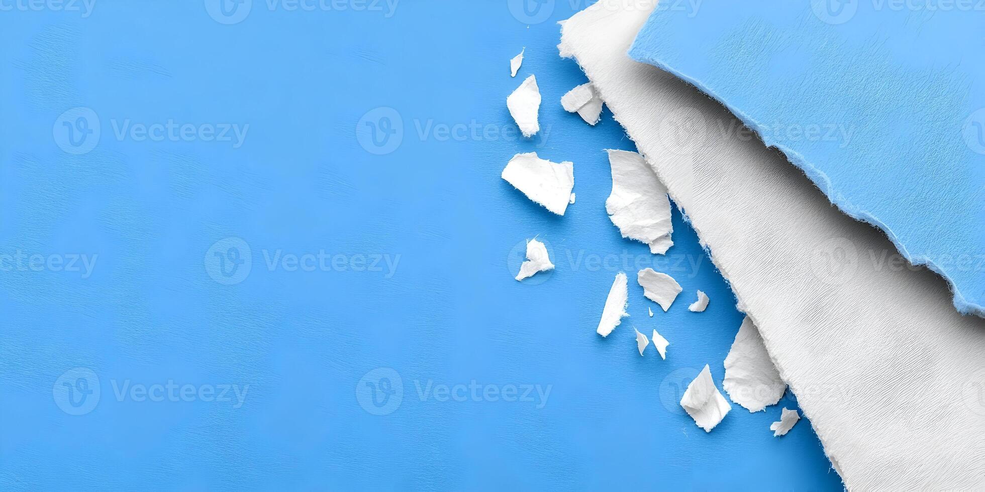 Blue and White Torn Paper Pieces on Blue Background Texture photo