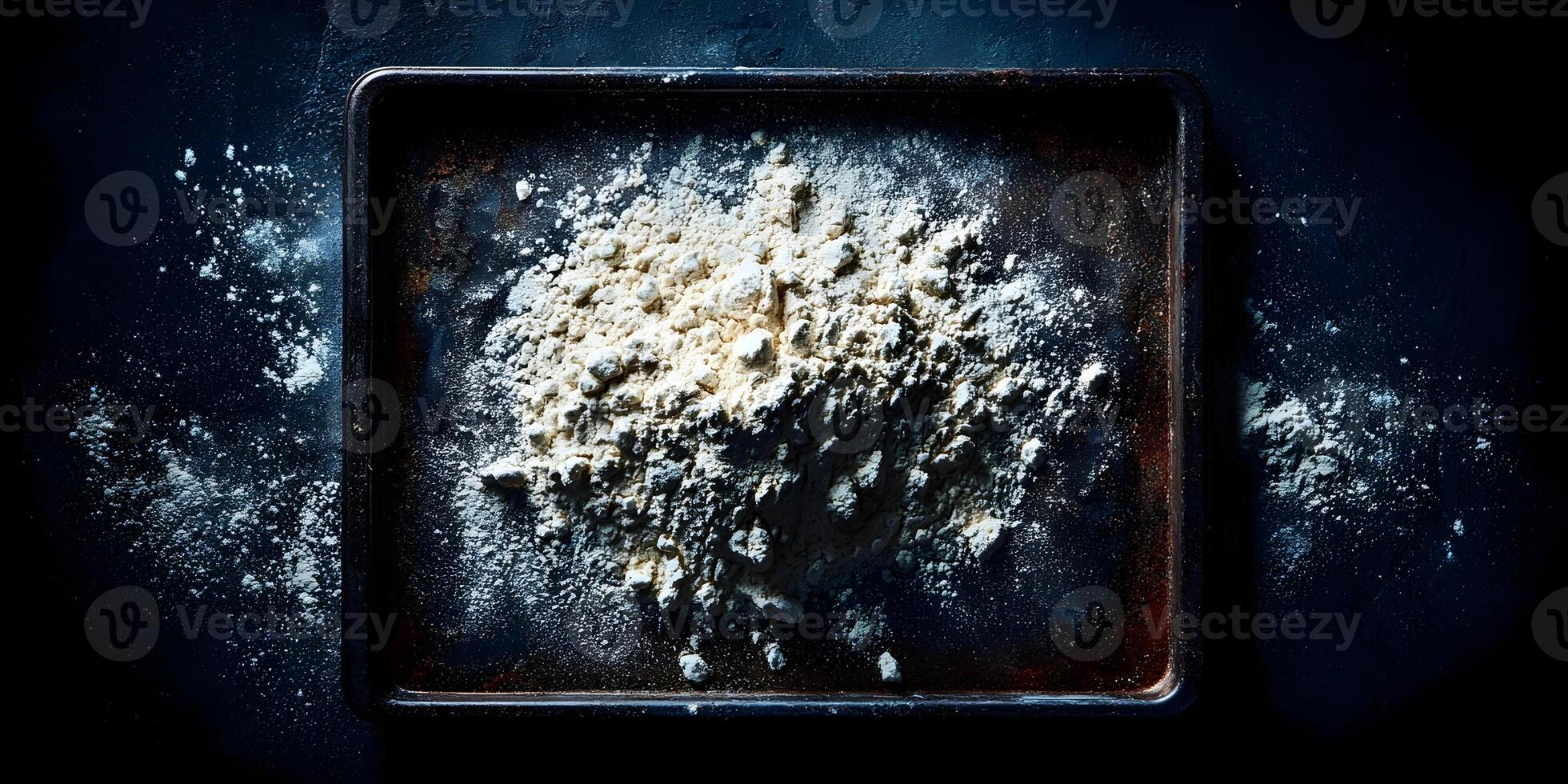 Pile of Flour on Rusty Baking Sheet Dark Background Food Photography photo