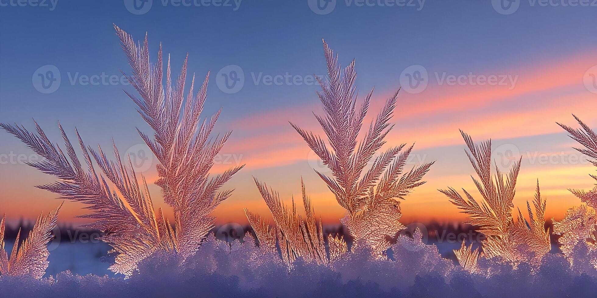 Frozen Window Pane with Ice Crystals Sunset Background photo