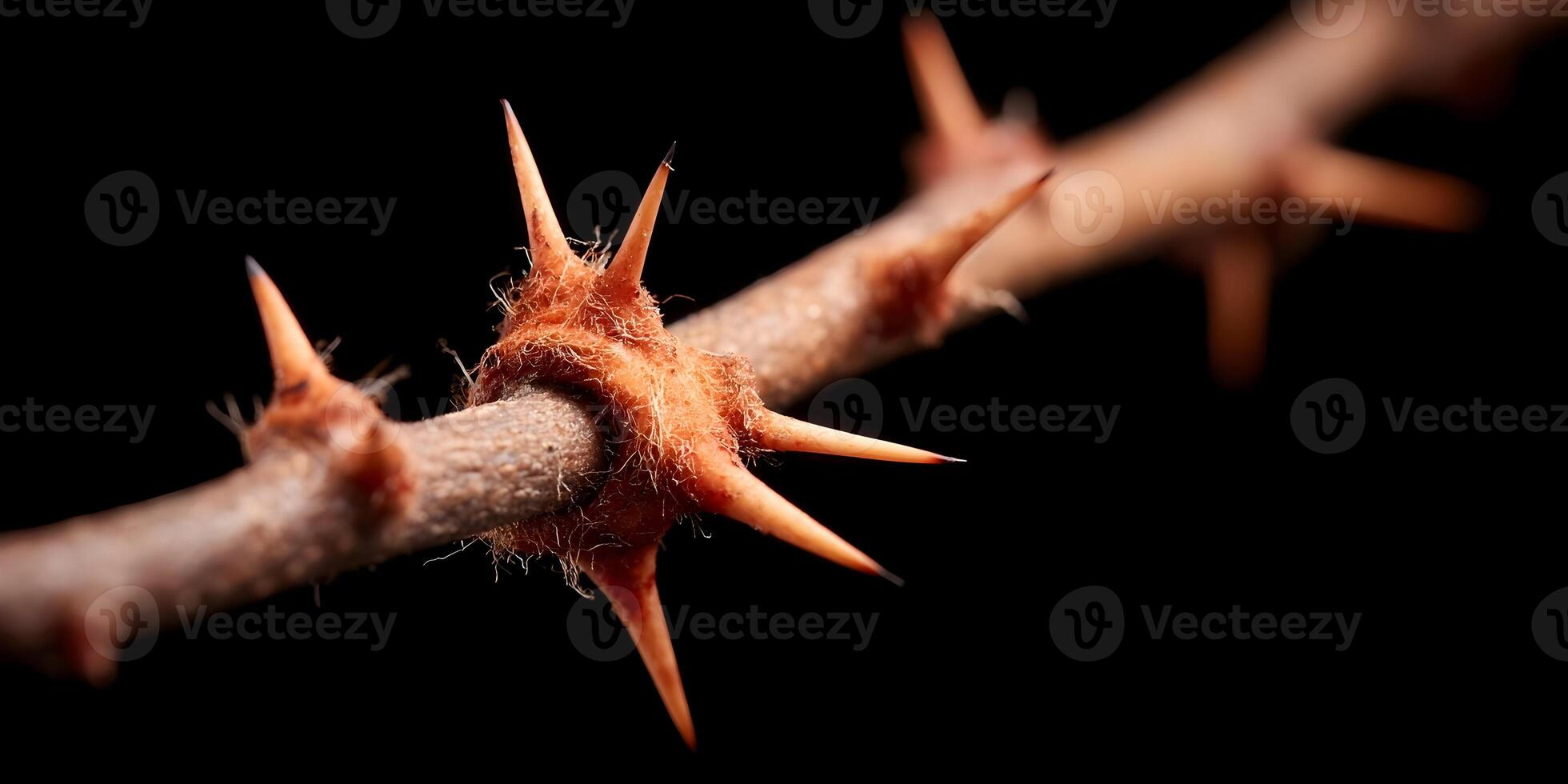 Closeup of Brown Thorny Branch with Fuzzy Texture Dark Background photo