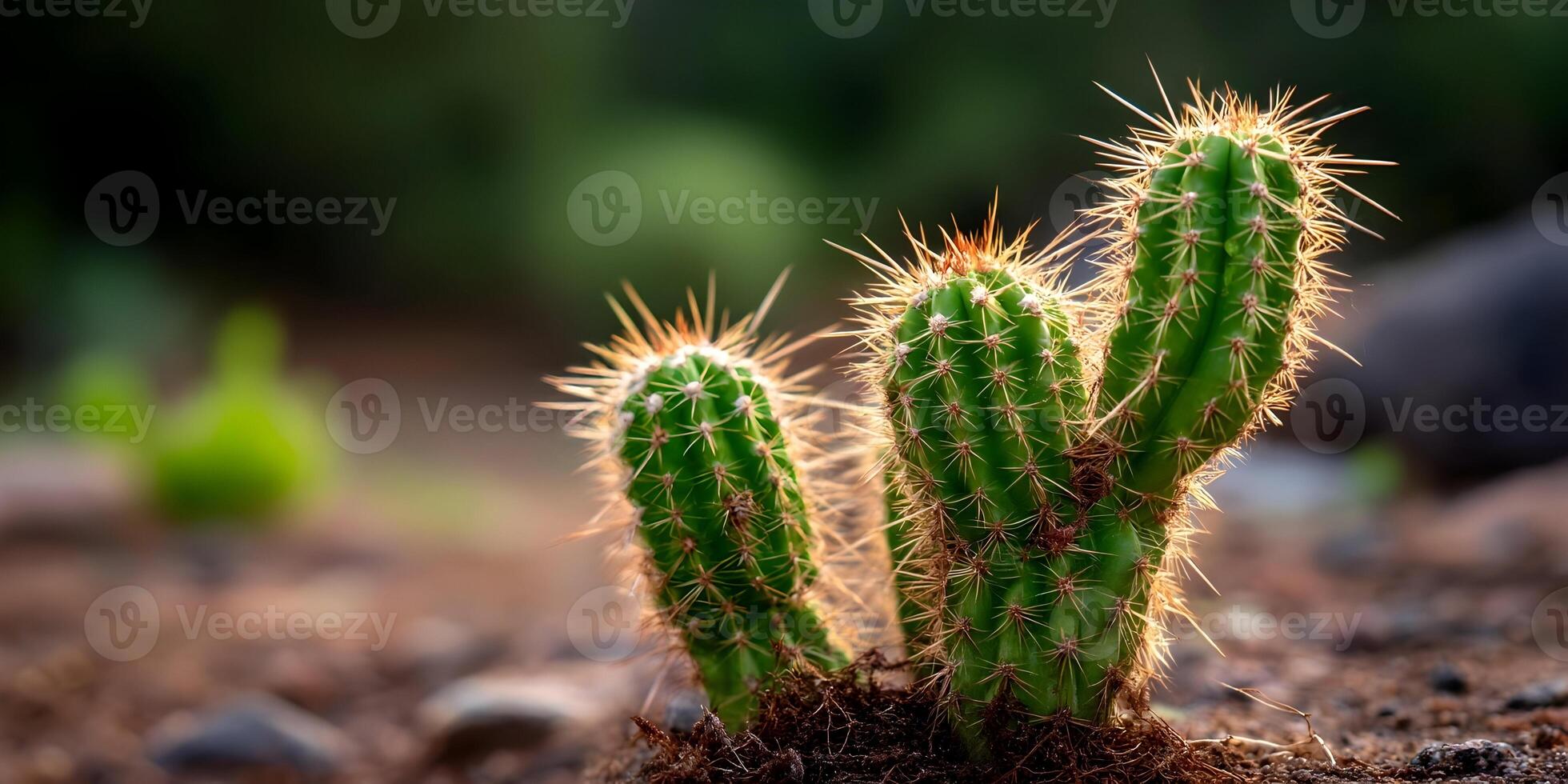 Two Small Green Cacti Growing in Brown Soil Closeup Desert Plants photo