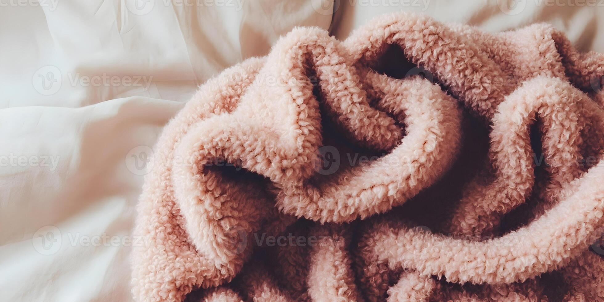 Pink Fluffy Blanket Texture on Beige Bedding Cozy Soft Warm Textile Fabric Background photo