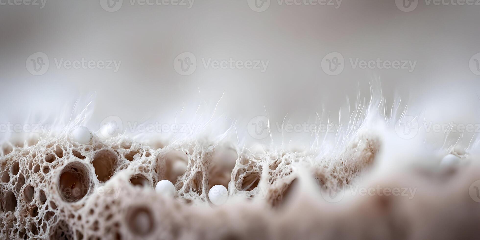 Closeup Beige Porous Surface with White Beads and Fine Hairs photo